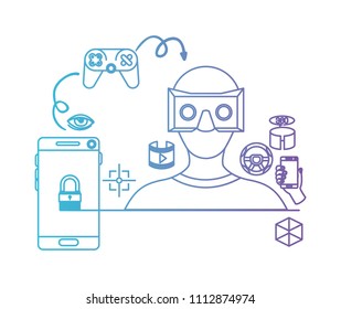 user with reality virtual mask and set icons technology
