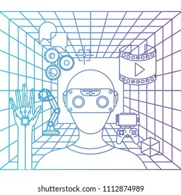 user with reality virtual mask and set icons technology