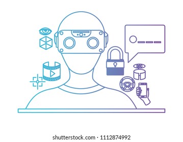 user with reality virtual mask and set icons technology