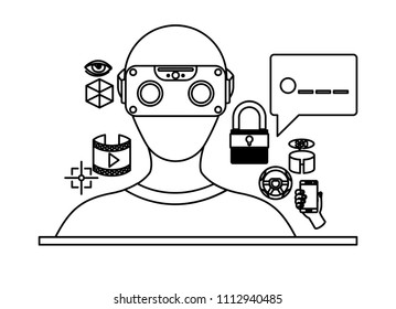 user with reality virtual mask and set icons technology