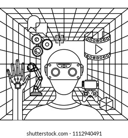 user with reality virtual mask and set icons technology