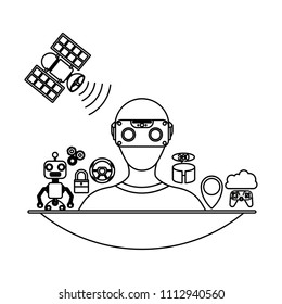 user with reality virtual mask and set icons technology