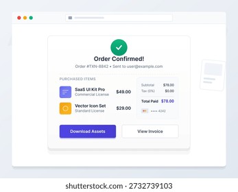 A user receives confirmation of a recent order. The message lists items purchased, their prices, and a total amount. Options to download and view the invoice are available.