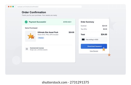 A user receives an order confirmation for a digital asset purchase, detailing the successful payment status and total amount due. The summary highlights item details.