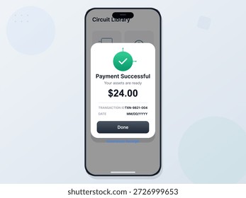 El usuario recibe una confirmación de pago en su teléfono inteligente después de completar una transacción en un App de Biblioteca de circuitos. La cantidad y la fecha se muestran claramente.