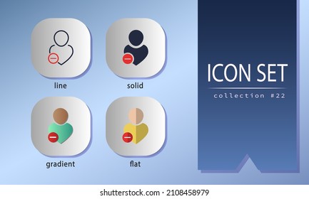 User with red minus sign than can be used as remove friend, unfriend account. Avatar signs for websites, social network, mobile apps. Collection of icons in line, solid, gradient and flat styles.