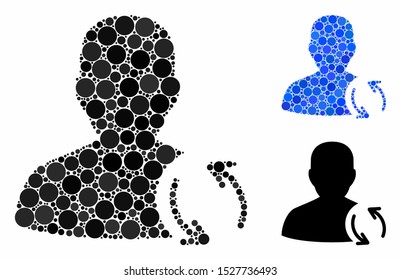 User refresh composition of spheric dots in variable sizes and color hues, based on user refresh icon. Vector round dots are combined into blue composition.