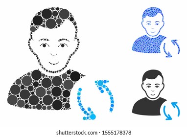 User refresh mosaic of small circles in variable sizes and color hues, based on user refresh icon. Vector small circles are combined into blue illustration.