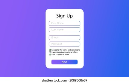 User registration form for the website. The user interface template. Vector illustration.