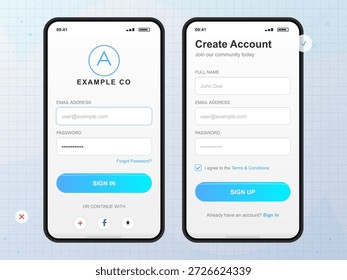 Telas de registro de usuário para um aplicativo móvel exibem campos para inserir nome completo, endereço de email e senha. A interface destaca as opções de entrada e o contrato de termos.