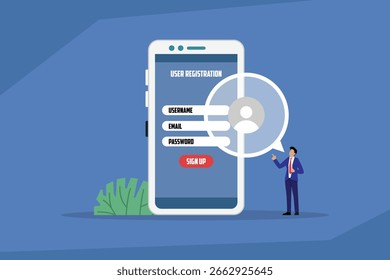Formulario de registro y registro de usuario en una Ilustración vectorial plana 2d de teléfono móvil