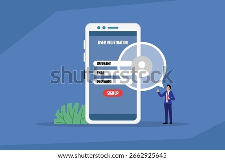 User Registration and Sign-up Form on a Mobile Phone 2d flat vector illustration