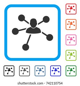 User Relations icon. Flat gray iconic symbol inside a light blue rounded squared frame. Black, gray, green, blue, red, orange color variants of User Relations vector.