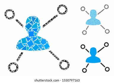 User relations mosaic of rough elements in different sizes and color hues, based on user relations icon. Vector abrupt dots are combined into mosaic. User relations icons collage with dotted pattern.