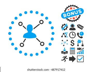 User Relations pictograph with bonus elements. Vector illustration style is flat iconic bicolor symbols, blue and gray colors, white background.