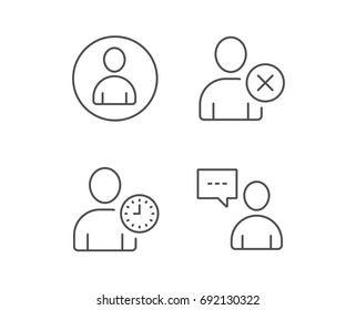 User, Remove Profile and Comments line icons. Businessman with clock symbols. Quality design elements. Editable stroke. Vector