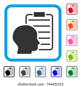 User Report Page icon. Flat grey pictogram symbol inside a blue rounded rectangular frame. Black, gray, green, blue, red, orange color additional versions of User Report Page vector.