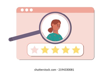 User research. Hand hold magnifying glass and research character. Vector illustration in a flat style