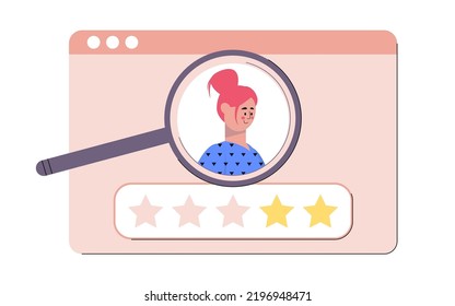 User research. Hand hold magnifying glass and research character. Vector illustration in a flat style