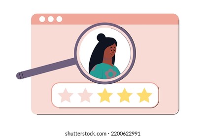 Investigación de usuarios. La mano sostiene la lupa y el carácter de investigación. Ilustración vectorial en un estilo plano