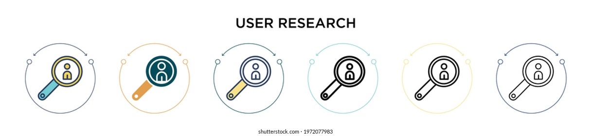 User research icon in filled, thin line, outline and stroke style. Vector illustration of two colored and black user research vector icons designs can be used for mobile, ui, web