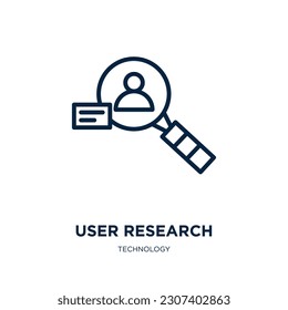 icono de investigación de usuario de la colección de tecnología. Icono de esquema de usuario lineal delgado, investigación, aislado en fondo blanco. Signo de investigación de usuario de vector de línea, símbolo para web y móvil