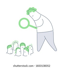 User research, identification of clients, business analyst, or UX designer at work. The survey, inside, or user identification concept. Cute cartoon male magnifying a crowd of people.