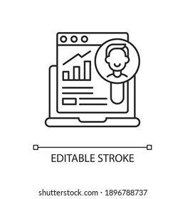 Icono lineal de investigación de usuario. Análisis de datos. Encuesta de información al cliente. Experiencia de usuario. Ilustración personalizable de línea delgada. Símbolo de contorno. Dibujo de contorno aislado del vector. Trazo editable