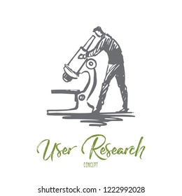 User research, magnifying, exploration, tool, inspect concept. Hand drawn explorer and microscope concept sketch. Isolated vector illustration.