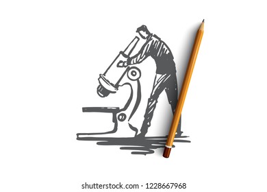 User research, magnifying, exploration, tool, inspect concept. Hand drawn explorer and microscope concept sketch. Isolated vector illustration.