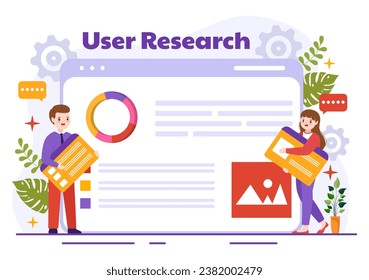 User Research Vector Illustration of People Searching and Exploring in Networks to Design Project, Online Survey and Analytics in Flat Background