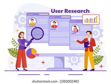Vector de investigación de usuarios Ilustración de la búsqueda y exploración de personas en redes para diseñar proyectos, encuestas en línea y análisis en un fondo plano