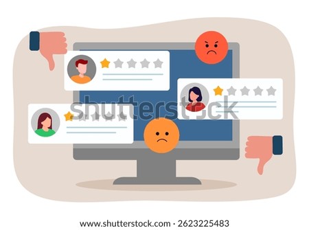 User reviews. Computer with bad customer reviews, experience or feedback concept, one star rating. Rating bubble.