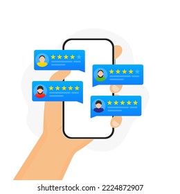 Comentarios de los usuarios. El cliente revisa los móviles, las revisiones en línea o los comentarios del cliente, la experiencia o el concepto de retroalimentación, la clasificación por estrellas, la notificación. Ilustración del vector
