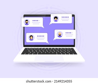 User Reviews And Feedback Concept. User Reviews On Screen Computer. Vector Illustration.