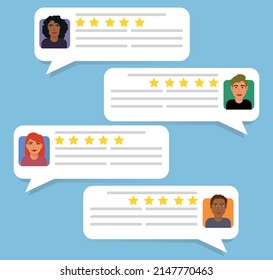 User reviews and feedback concept. User reviews online. Customer feedback review experience rating concept. User client service message. Vector illustration in flat style.