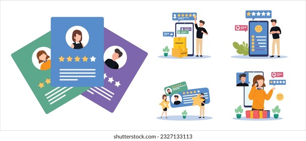 Reseñas de usuarios y concepto de comentarios. Comentarios del usuario en línea. Concepto de evaluación de la experiencia del cliente. Mensaje de servicio de cliente de usuario. Ilustración vectorial.