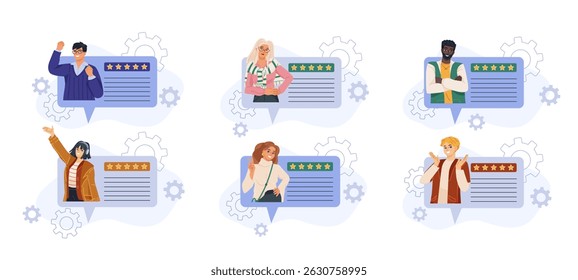 Conjunto de Comentarios de revisiones de usuario. Hombres y mujeres dejan su opinión personal en internet. Clasificación y calificación. Satisfacción y lealtad Cliente. Colección plana del Vector aislada en el fondo blanco