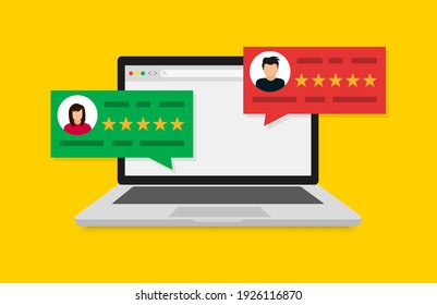 Comentarios de los usuarios. Portátil con reseñas de clientes, diseño de dibujos animados planos de visualización de computadoras y revisiones online o reseñas de clientes, experiencia o concepto de retroalimentación, clasificación de estrellas, notificaciones. Burbuja de calificación.