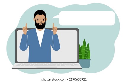 User reviews. Laptop with a man with thumbs up. Customer Review, Online Review, Star Rating, Feedback. Rating bubble. Vector flat illustration.