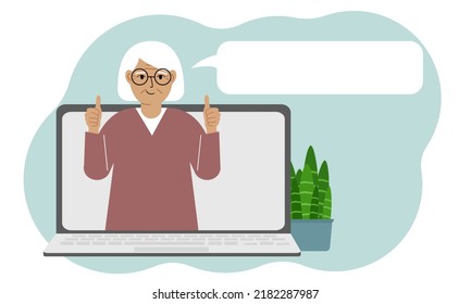 User reviews. Laptop with a woman with thumbs up. Customer Review, Online Review, Star Rating, Feedback. Rating bubble. Vector flat illustration.