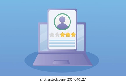 El usuario revisa laptops con comentarios de clientes.en fondo azul.Ilustración de diseño de vectores.
