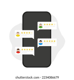 User reviews. Mobile phone with customer reviews, flat cartoon smartphone display design and online reviews or customer reviews, social media feedback, star rating, notifications. Vector illustration