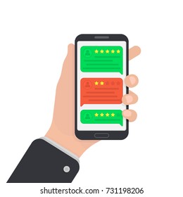 User reviews on smartphone. Feedback. Testimonial messages on mobile phone. Review rating in speech bubbles. Good and bad rate. Hand with smartphone. Illustration in flat style.