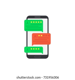 User reviews on smartphone. Feedback. Testimonial messages on mobile phone. Review rating in speech bubbles. Good and bad rate. Hand with smartphone. Illustration in flat style.