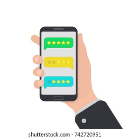 User reviews on smartphone. Feedback. Testimonial messages on mobile phone. Review rating in speech bubbles. Good and bad rate. Hand with smartphone. Illustration in flat style.