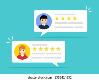 User reviews online. Customer feedback review experience rating concept. User client service message.