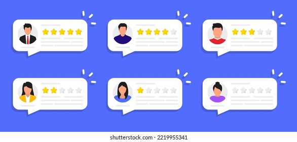 User reviews online. Customer feedback review experience rating. People giving feedback. Clients choosing satisfaction rating and leaving reviews. Online customer feedback experience rating