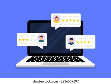 User reviews online. Laptop with customer reviews. Customer feedback review experience rating concept. Satisfaction rating. User reviews with rating on computer display. Vector illustration