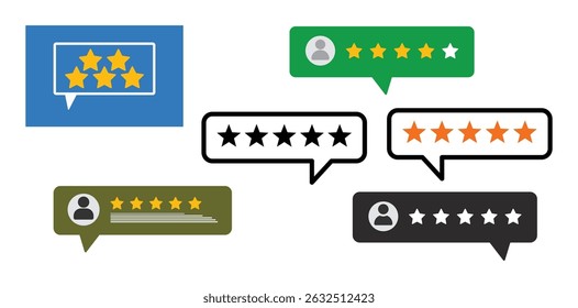 User Reviews and Ratings in Flat Design. Five star rating displayed in a speech bubble. User comment, Feedback, Review and rate.